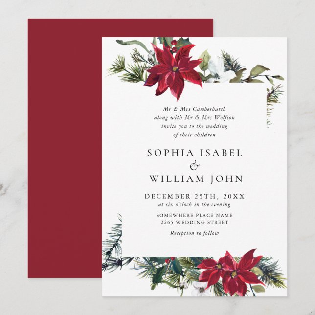 Elegant Red Poinsettia Pine Fir Watercolor Wedding Invitation (Front/Back)