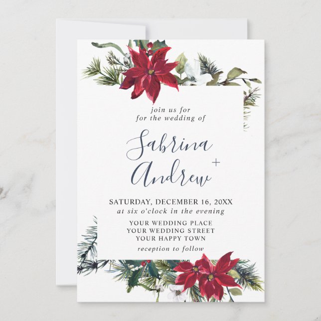 Elegant Red Poinsettia Pine Fir Watercolor Wedding Invitation (Front)