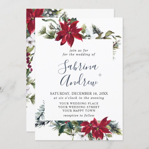 Elegant Red Poinsettia Pine Fir Watercolor Wedding Invitation