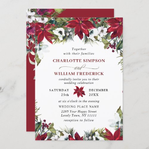 Elegant Red Poinsettia Pine Fir Watercolor Wedding Invitation