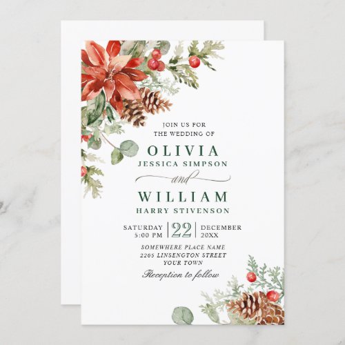 Elegant Red Poinsettia Pine Fir Watercolor Wedding Invitation