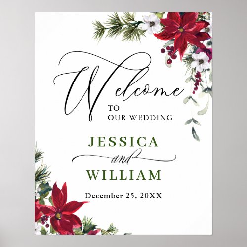 Elegant Red Poinsettia Pine Fir Wedding Welcome Poster