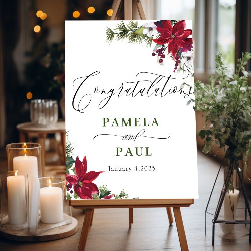 Elegant Red Poinsettia Pine Fir Wedding Welcome Poster