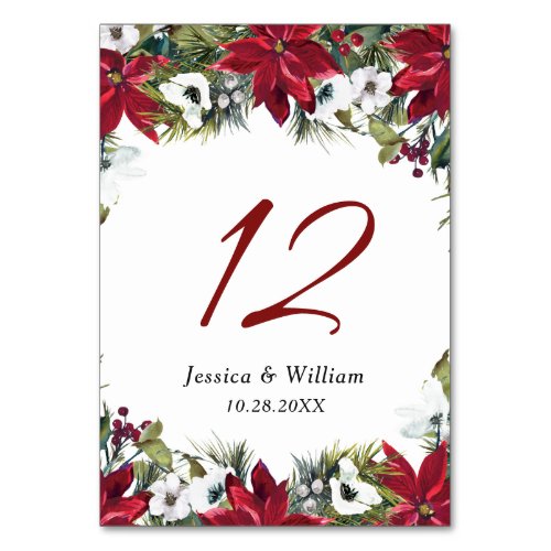 Elegant Red Poinsettia Pine Fur Wedding Table Numb Table Number