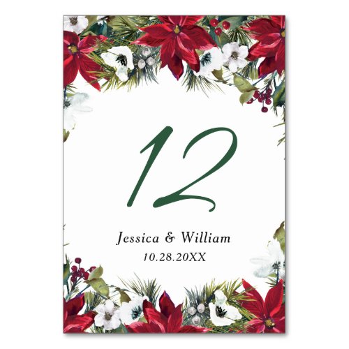 Elegant Red Poinsettia Pine Fur Wedding Table Number