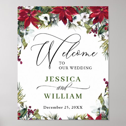 Elegant Red Poinsettia Pine Fur Wedding Welcome Poster