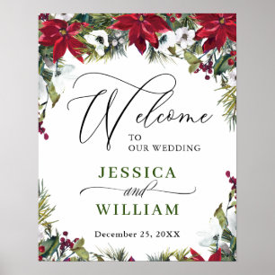 Elegant Red Poinsettia Pine Fur Wedding Welcome Poster