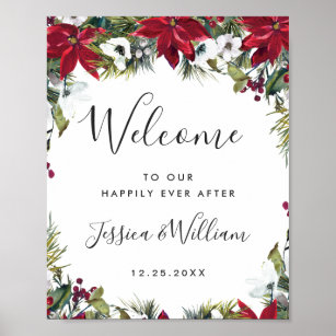 Elegant Red Poinsettia Pine Fur Wedding Welcome Poster