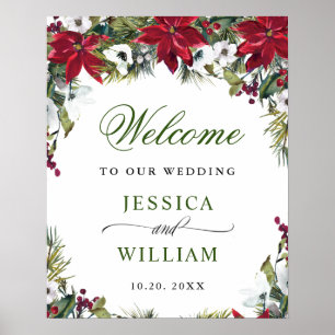 Elegant Red Poinsettia Pine Fur Wedding Welcome Poster