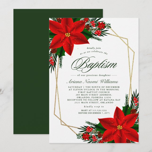 Elegant Red Poinsettia Pine Greenery Baptism Invitation (Front/Back)
