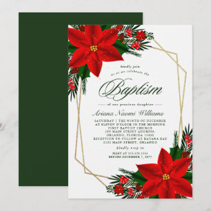 Elegant Red Poinsettia Pine Greenery Baptism Invitation