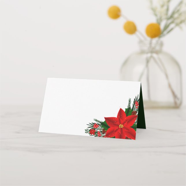 Elegant Red Poinsettia Pine Greenery Christmas Place Card (Front)