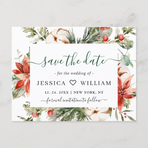 Elegant Red Poinsettia Pine Wedding Save the Date  Announcement Postcard