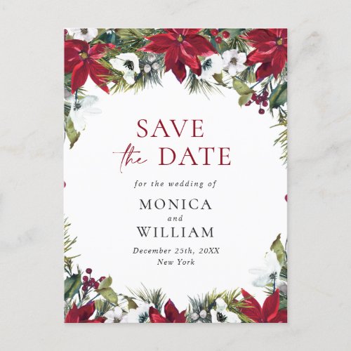 Elegant Red Poinsettia Pine Wedding Save the Date  Announcement Postcard