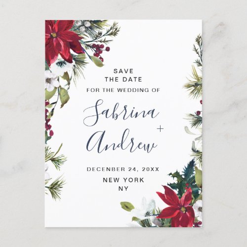 Elegant Red Poinsettia Pine Wedding Save the Date Announcement Postcard