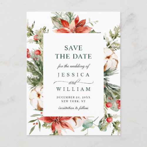 Elegant Red Poinsettia Pine Wedding Save the Date Announcement Postcard