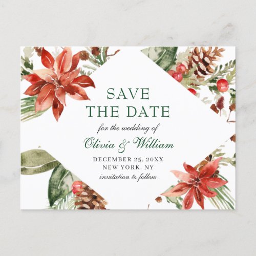 Elegant Red Poinsettia Pine Wedding Save the Date Announcement Postcard