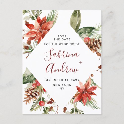 Elegant Red Poinsettia Pine Wedding Save the Date Announcement Postcard