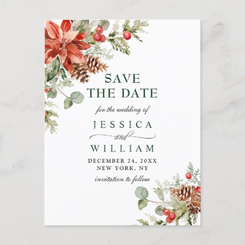 Elegant Red Poinsettia Pine Wedding Save the Date Announcement Postcard