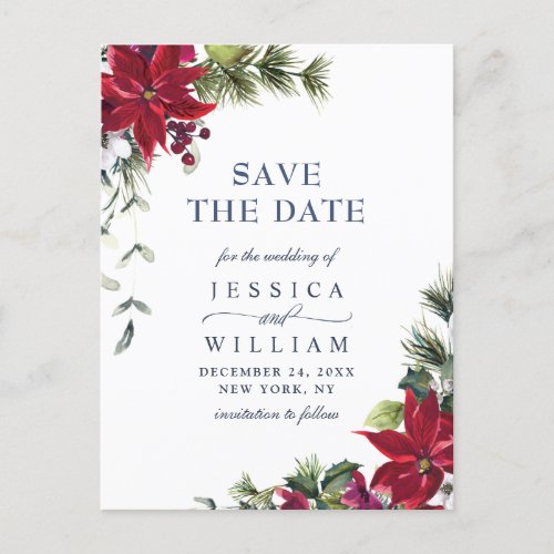 Elegant Red Poinsettia Pine Wedding Save the Date Announcement Postcard