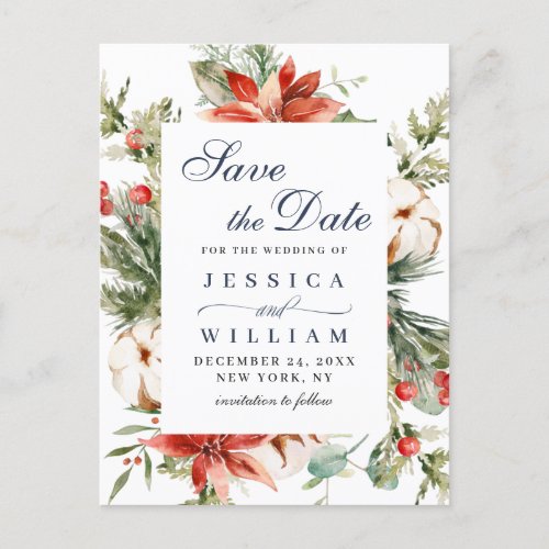 Elegant Red Poinsettia Pine Wedding Save the Date Announcement Postcard