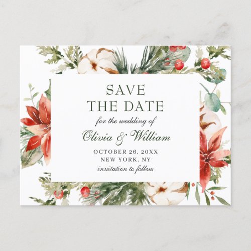 Elegant Red Poinsettia Pine Wedding Save the Date Announcement Postcard