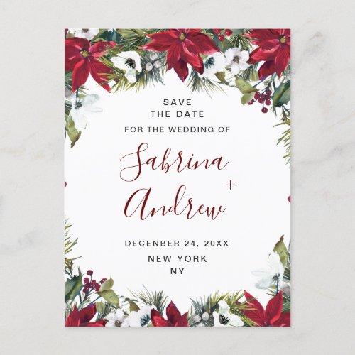 Elegant Red Poinsettia Pine Wedding Save the Date  Announcement Postcard