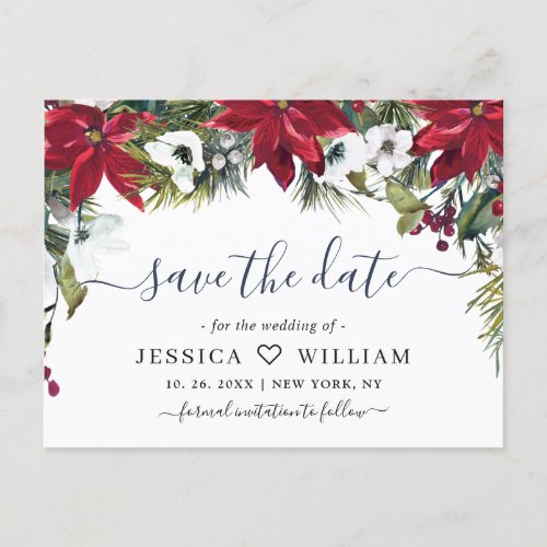 Elegant Red Poinsettia Pine Wedding Save the Date  Announcement Postcard