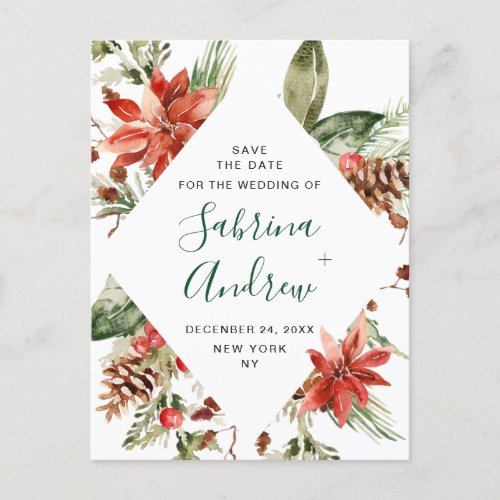 Elegant Red Poinsettia Pine Wedding Save the Date  Postcard