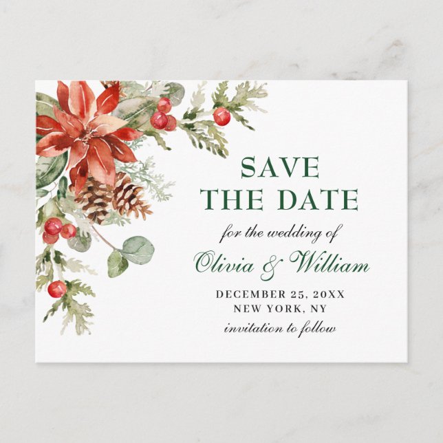 Elegant Red Poinsettia Pine Wedding Save the Date Postcard (Front)
