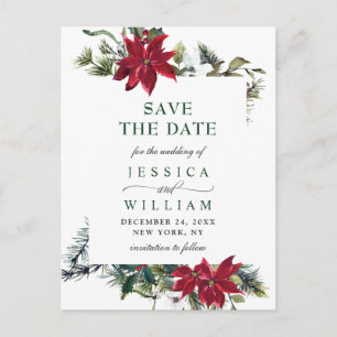Elegant Red Poinsettia Pine Wedding Save the Date Postcard
