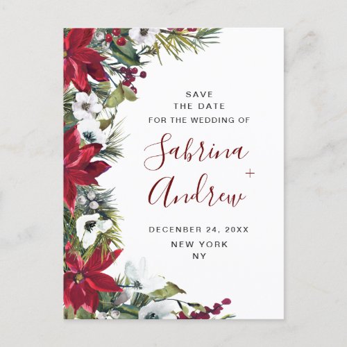 Elegant Red Poinsettia Pine Wedding Save the Date Postcard