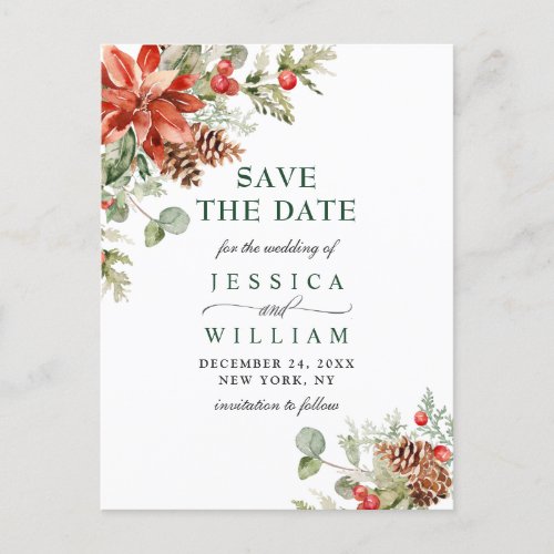 Elegant Red Poinsettia Pine Wedding Save the Date Postcard