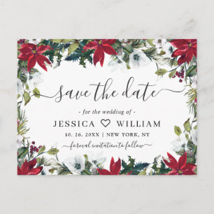 Elegant Red Poinsettia Pine Wedding Save the Date Postcard