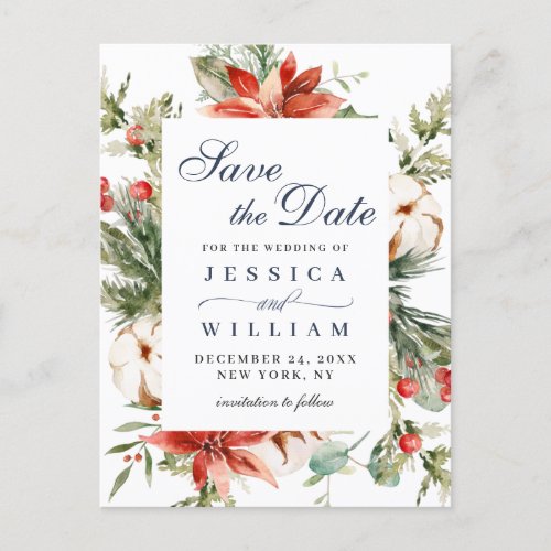 Elegant Red Poinsettia Pine Wedding Save the Date Postcard