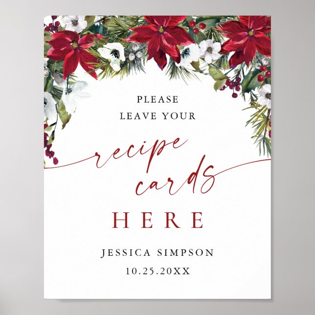 Elegant Red Poinsettia Recipe Card Bridal Shower Poster (Front)
