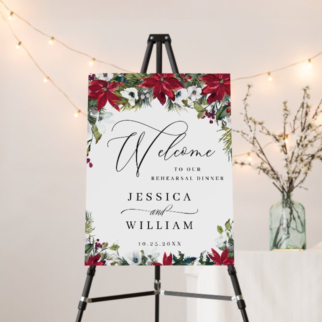Elegant Red Poinsettia REHEARSAL DINNER Welcome Foam Board (In Situ (Stand))