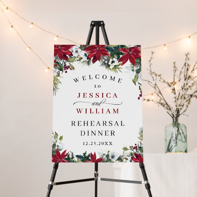 Elegant Red Poinsettia REHEARSAL DINNER Welcome Foam Board (In Situ (Stand))