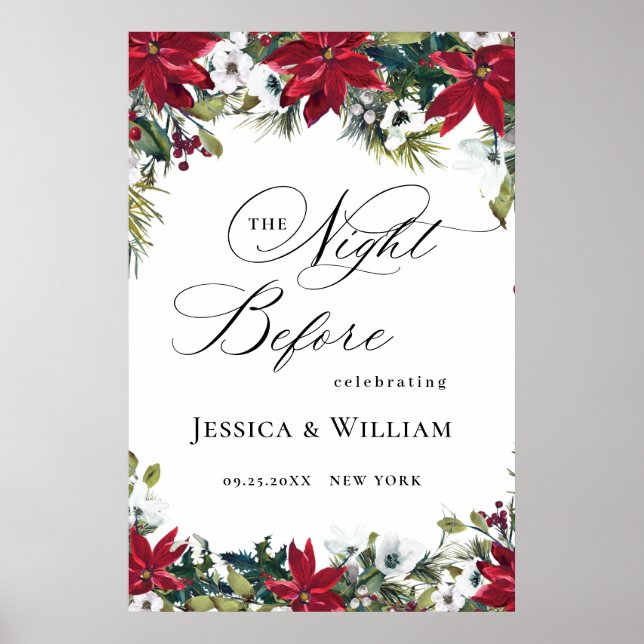 Elegant Red Poinsettia REHEARSAL DINNER Welcome Poster (Front)