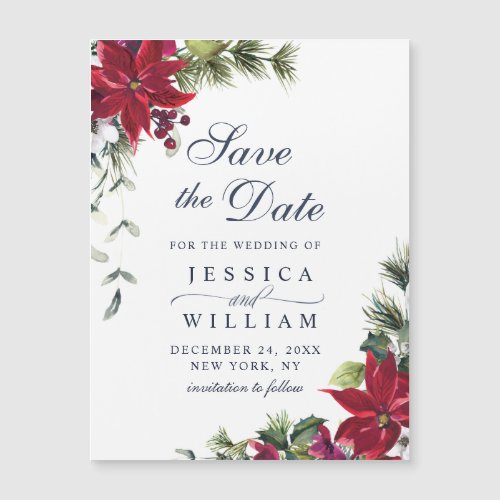 Elegant Red Poinsettia Save the Date Magnetic Card