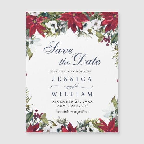 Elegant Red Poinsettia Save the Date Magnetic Card