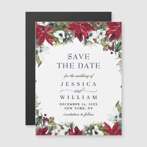 Elegant Red Poinsettia Save the Date Magnetic Card