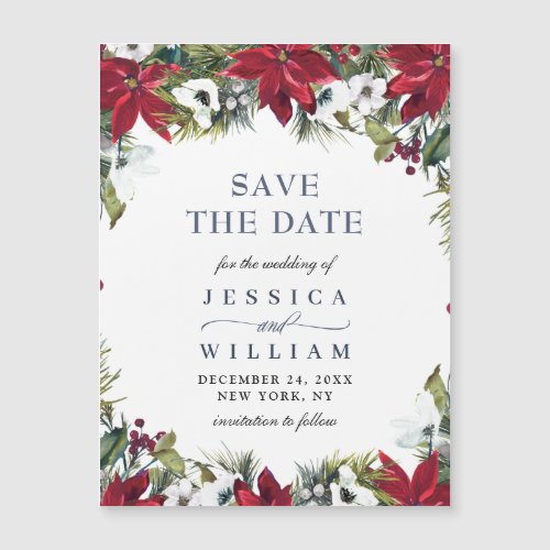 Elegant Red Poinsettia Save the Date Magnetic Card