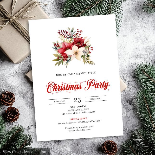 Elegant Red Poinsettia Script Font Christmas  Invitation (Elegant Red Poinsettia Script Font christmas invitation

)