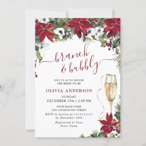 Elegant Red Poinsettia Watercolor Bridal Brunch In Invitation