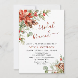 Elegant Red Poinsettia Watercolor Bridal Brunch Invitation