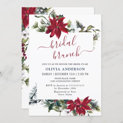 Elegant Red Poinsettia Watercolor Bridal Brunch Invitation