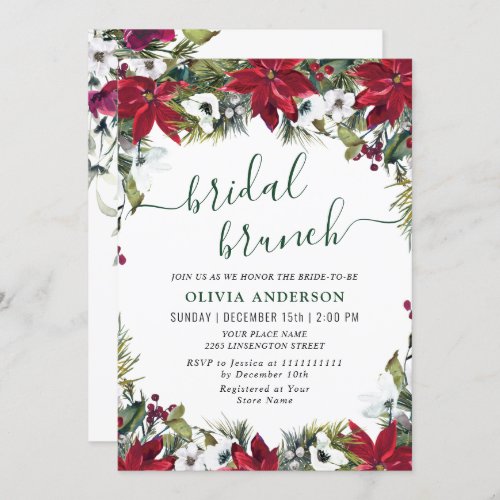 Elegant Red Poinsettia Watercolor Bridal Brunch Invitation