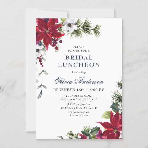 Elegant Red Poinsettia Watercolor BRIDAL LUNCHEON Invitation