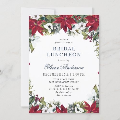 Elegant Red Poinsettia Watercolor BRIDAL LUNCHEON Invitation